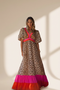 Women's Pink Leopard Colorblock Patchwork Bubble Sleeve Maxi Dress with a Vibrant Twist