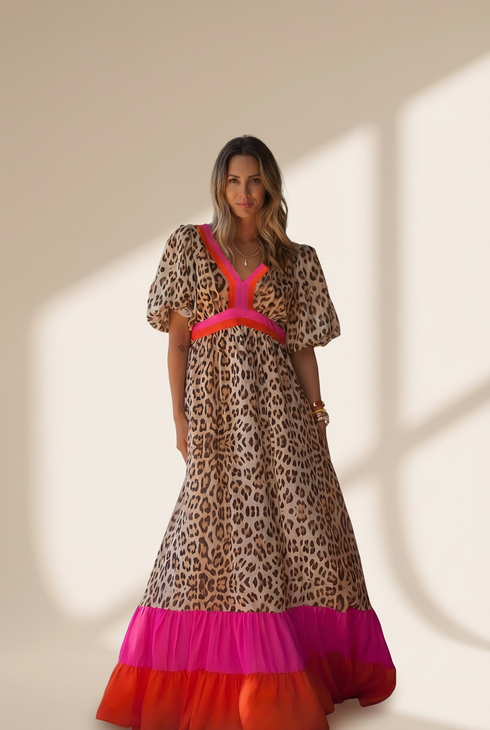 Women's Pink Leopard Colorblock Patchwork Bubble Sleeve Maxi Dress with a Vibrant Twist