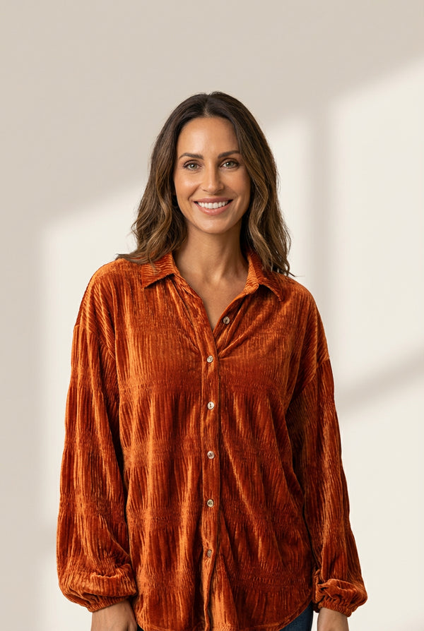 Women's Velvet Orange Lantern Sleeve Button Up Shirt