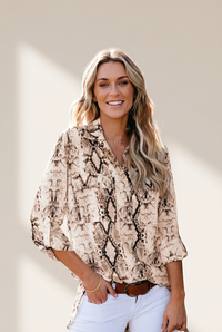 Women's Brown Serpent Patterned Blouse with Convenient Pockets