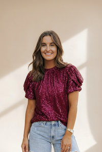 Women's Bubbly Burgundy Sequin Bubble Sleeve Blouse