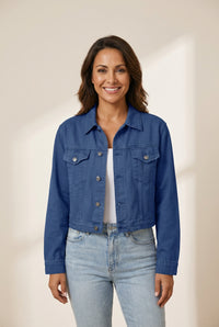 Women's Classic Cropped Denim Jacket with Utility Pockets made for easy styling and wardrobe coordination, with premium-like structure and finish.