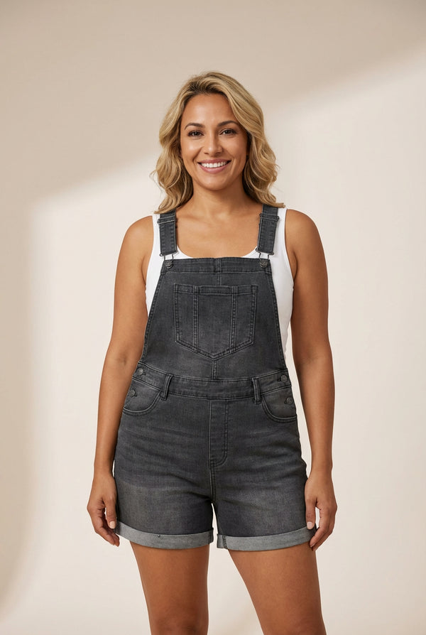 Women's Charcoal Stretch Denim Shortalls with Rolled Hem