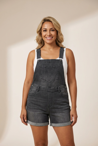 Women's Charcoal Stretch Denim Shortalls with Rolled Hem