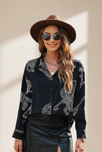 Women's Leopard Print Silk-Blend Button-Down Shirt in Jet Black