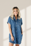 Women's Acid Wash Short Sleeve Denim Shirt Dress with Raw Hem