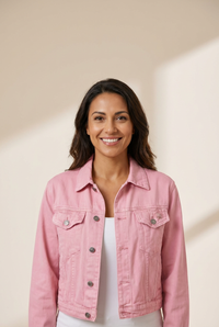 Women's Boxy Cropped Cotton Denim Jacket in Petal Pink made for easy styling and wardrobe coordination, with premium-like structure and finish.