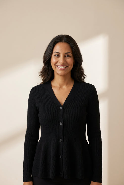 Women's V-Neck Ribbed Peplum Cardigan in Obsidian Black made for easy styling and wardrobe coordination, with premium-like structure and finish.
