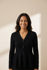 Women's V-Neck Ribbed Peplum Cardigan in Obsidian Black made for easy styling and wardrobe coordination, with premium-like structure and finish.