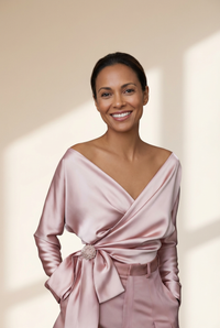 Women's Elegant Satin Wrap Blouse with Crystal Brooch Detail