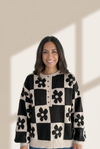 Floral Checkerboard Henley Sweater in Soft Viscose Blend | MsDressly