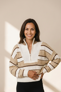 Women's Khaki Stripe Half-Zip Sweater with Drop Shoulder