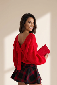 Chic Women's Fiery Red Backless Bubble Sleeve Sweater - Perfect for Festive Events with a Comfortable Fit made for easy styling and wardrobe