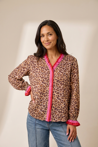 chic women's khaki leopard print v-neck blouse with frilled striped trim - trendy long sleeve top for every occasion made for easy styling and with