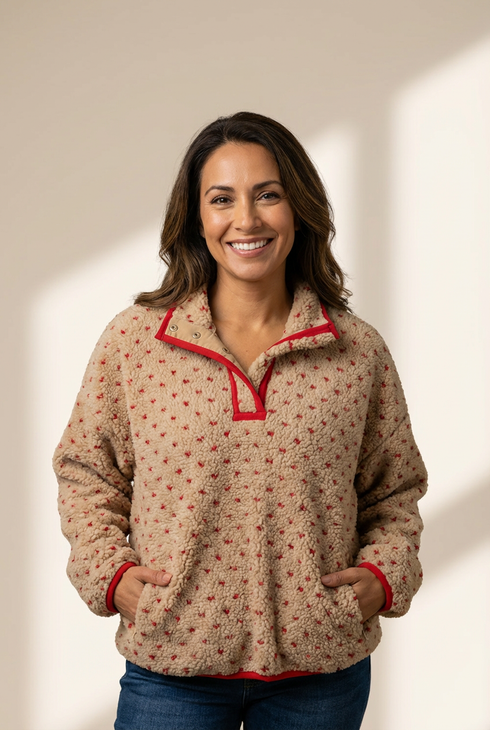 chic women's khaki sherpa pullover sweatshirt with contrast trim and dotty print cozy and trendy layering essential with practical styling and