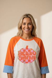 Women's Hello Pumpkin Colorblock Raglan Tee with Retro Graphic
