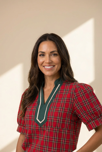 chic women's red plaid v-neck blouse with contrast trim - versatile short sleeve top for casual and office outfits made for easy styling and wardrobe