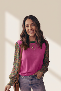 Chic Women's Rose Red Floral Puff Sleeve Sweater with Shirred Cuffs for Cozy Style and Trendy Comfort made for easy styling and wardrobe coordination,