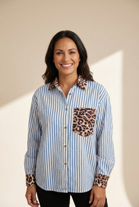 women's sky blue striped button-up with leopard patchwork made for easy styling and wardrobe coordination, with premium-like structure and finish.