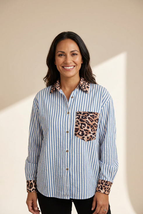 women's sky blue striped button-up with leopard patchwork made for easy styling and wardrobe coordination, with premium-like structure and finish.