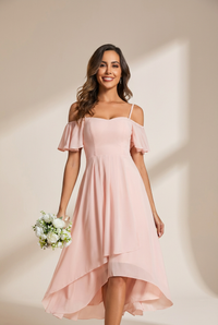 Women's Blush Chiffon Cold-Shoulder Wedding Guest Dress