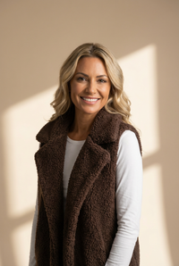 Women's Plush Espresso Sherpa Vest with Oversized Lapels made for easy styling and wardrobe coordination, with premium-like structure and finish.