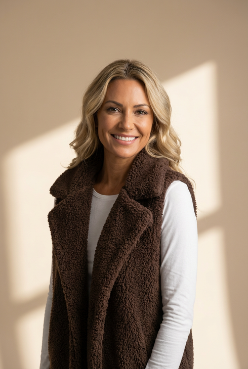 Women's Plush Espresso Sherpa Vest with Oversized Lapels made for easy styling and wardrobe coordination, with premium-like structure and finish.