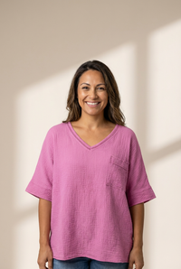 Cotton Gauze V-Neck Pocket Tunic Top in Orchid Pink with practical styling and dependable silhouette control.