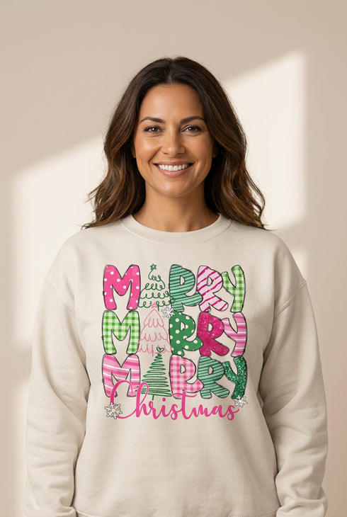 Women's Beige Merry Christmas Graphic Sweatshirt in Cotton Blend