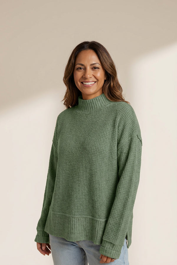 Women's Mist Green Waffle Knit High Neck Sweater