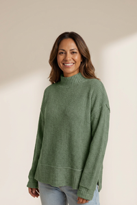 Women's Mist Green Waffle Knit High Neck Sweater