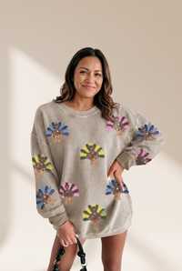 Women's Sequin Turkey Corded Oversized Sweatshirt in Smoke Gray made for easy styling and wardrobe coordination, with premium-like structure and