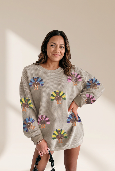 Women's Sequin Turkey Corded Oversized Sweatshirt in Smoke Gray made for easy styling and wardrobe coordination, with premium-like structure and