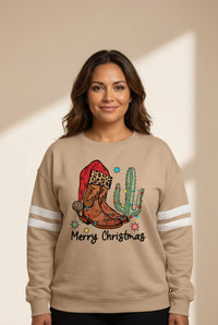 Women's Western Christmas Varsity Sweatshirt in French Beige with practical styling and dependable silhouette control.