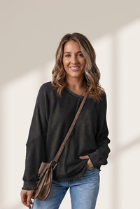 cozy women's black waffle knit raglan sweatshirt - trendy patchwork design for casual outings and everyday wear made for easy styling and wardrobe