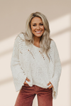 White Cotton-Blend Wide Sleeve Crochet Pullover | MsDressly