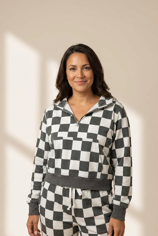 cozy women's gray checkered half zip hoodie trendy casual fashion with comfortable fit for everyday wear made for easy styling and wardrobe with