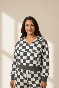 cozy women's gray checkered half zip hoodie trendy casual fashion with comfortable fit for everyday wear made for easy styling and wardrobe with
