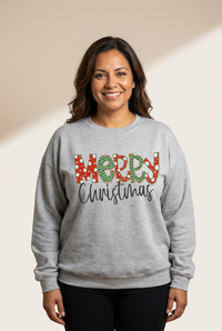 women's mixed-pattern 'merry christmas' gray drop shoulder sweatshirt made for easy styling and wardrobe coordination, with premium-like structure and