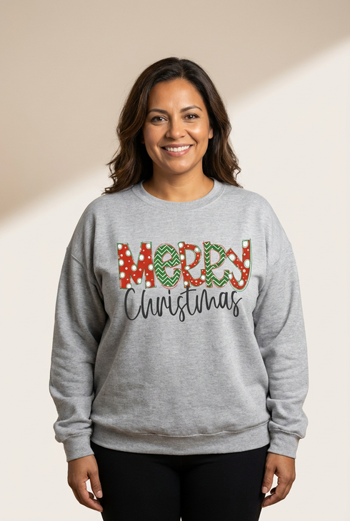 women's mixed-pattern 'merry christmas' gray drop shoulder sweatshirt made for easy styling and wardrobe coordination, with premium-like structure and