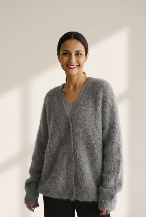 Women's Philippine Gray V-Neck Fuzzy Mohair-Blend Cardigan made for easy styling and wardrobe coordination, with premium-like structure and finish.