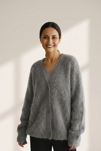 Women's Philippine Gray V-Neck Fuzzy Mohair-Blend Cardigan made for easy styling and wardrobe coordination, with premium-like structure and finish.