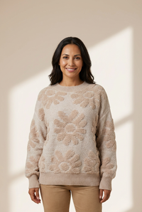 Cozy Women's Khaki Drop Shoulder Sweater with Plush Floral Design for Effortless Style and Comfort made for easy styling and wardrobe coordination,
