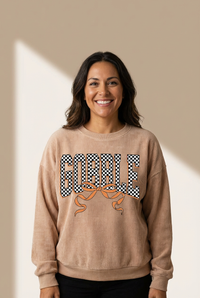 Gobble Checkered Graphic Ribbed Sweatshirt in Apricot with practical styling and dependable silhouette control.