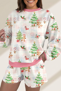 women's pink christmas gingerbread lounge set: pullover and shorts made for easy styling and wardrobe coordination, with premium-like structure and