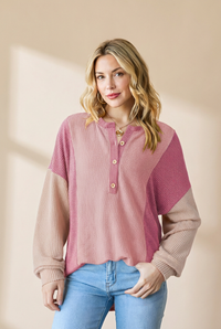 Women's Pink Ribbed Colorblock Henley Pullover with Half-Placket