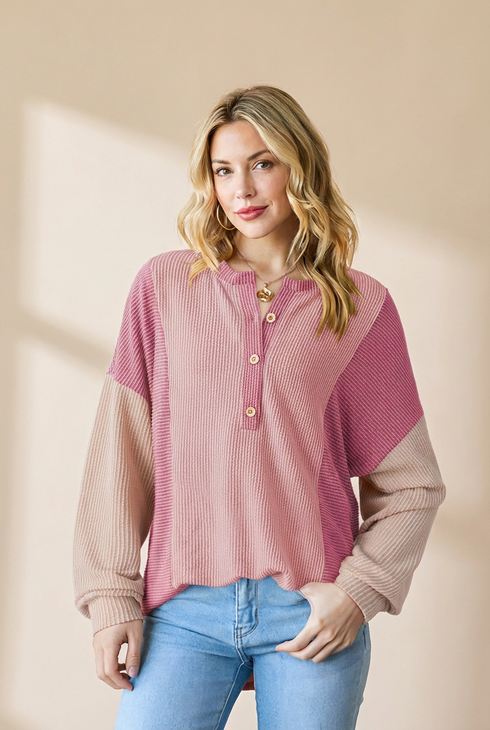 Women's Pink Ribbed Colorblock Henley Pullover with Half-Placket