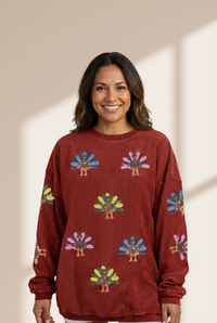 Women's Racing Red Corduroy Turkey Graphic Oversized Sweatshirt made for easy styling and wardrobe coordination, with premium-like structure and