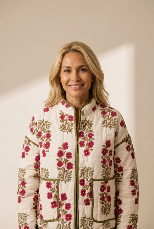 Cozy Women's Red Floral Quilted Winter Jacket with Contrast Trim - Stylish Outerwear for Cold Weather Adventures made for easy styling and wardrobe