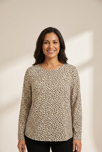 Women's Leopard Print Long Sleeve Blouse with Rounded Neckline made for easy styling and wardrobe coordination, with premium-like structure and